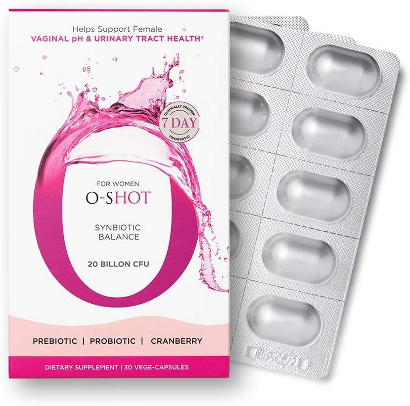 O-Shot (Probiótico Vaginal Vegan + Prebiótico para mulleres, Extracto de Cranberry, Root de Chicory, pH vaxinal, tracto urinario, dixestión, Bloating, Non Dairy, Non GMO, Gluten Free, 30 Vege-Capsules