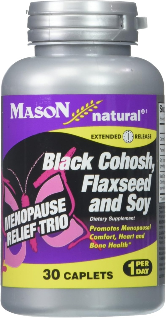 MASON NATURAL Menopause: Black Cohosh, Flaxseed, & Soy (Extended Release) - May Alleviate Hot Flashes & Nights *, תומך הורמונלי בריא *, 30 Caplets