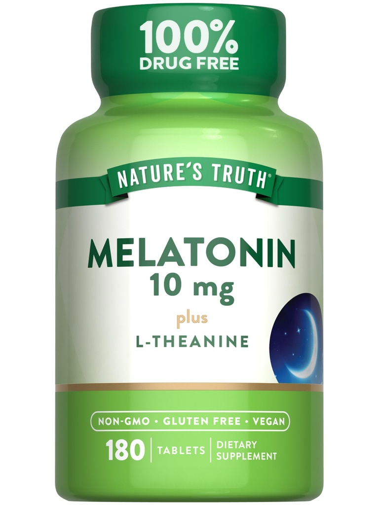Nature's Truth Melatonin Tablets | 10mg | 180 Count | with L-Theanine | 100% Drug Free Supplement for Adults | Vegan, Non-GMO & Gluten Free