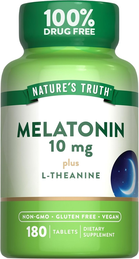 The Nature' Truth Melatonin Tablets s 10mg s 180 count | with L-Theanine | 100% Drug Free supplement for Adults , Vegan, Non-GMO Free supplement