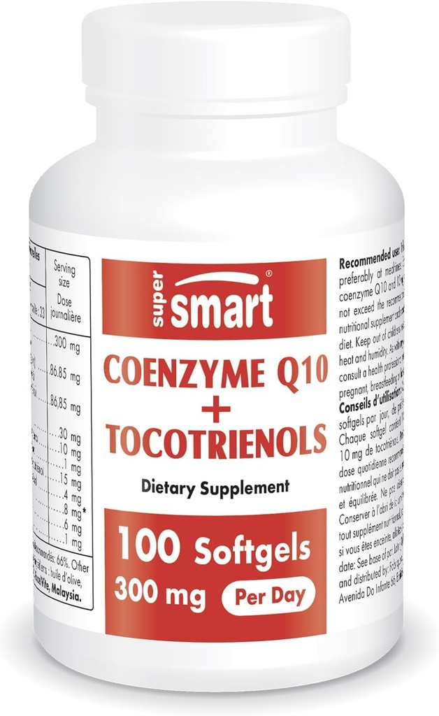 Supersmart - Coenzyme Q10 + Tocotrienols 300mg al giorno (Patented & Bio available) - CoQ10 Supplemento con Tocotrienols - Estratto di olio di palma | Non-GMO & Gluten Free - 100 Softgels