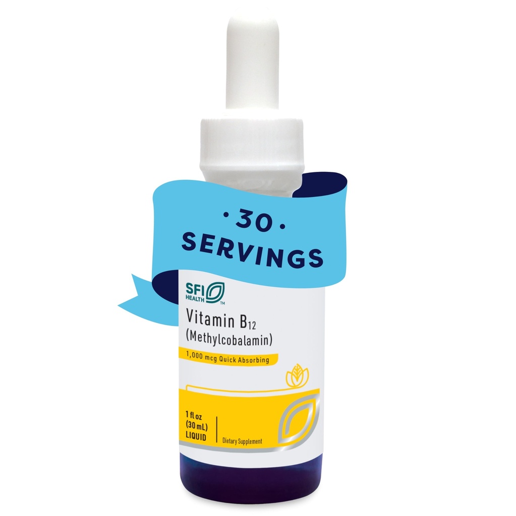 Klaire Labs SFI Health Vitamin B12 Liquid Drops 1mg - Methyl B12 Drops, 1000mcg Active Methylcobalamin - Liquid Delivery for Efficient Absorption - Hypoallergenic (30ml / 1 fl oz)