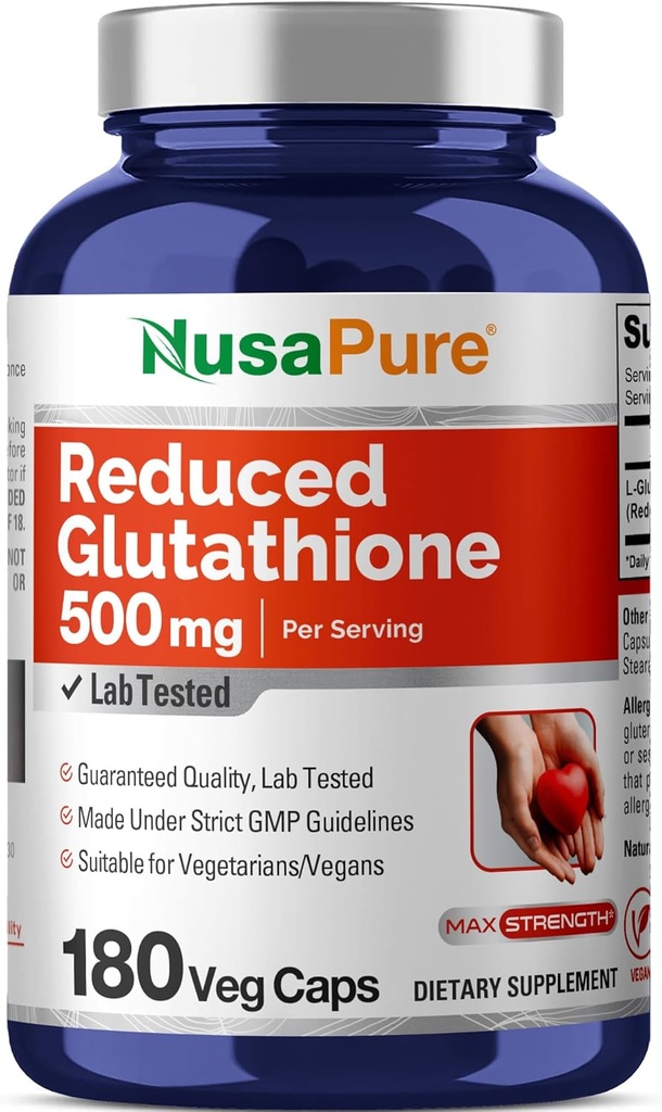 NusaPure Redukované Glutatión 500 mg 180 Veggie kapsuly (Vegan,Non-GMO) L-Glutatión