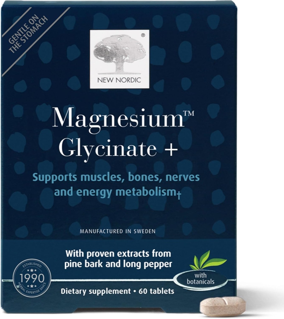 New Nordic Magnesium Glycinate, 220 mg Maximale Absorption Tabletten mit Pine Bark & Long Pepper, Sanft auf Stomach für Frauen & Männer, 30 Servierungen