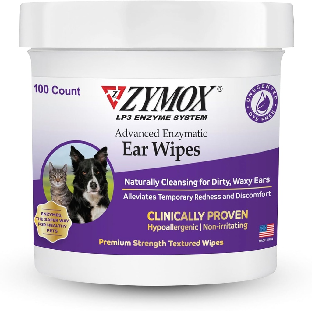 Zymox Advanced Enzymatic Ear Wipes for Dogs and Cats - for Dirty, Waxy, Smelly Ears - Premium Strength Ear Cleaner Wipes - Non-Irritating - Hypoallergeen - 100 ct