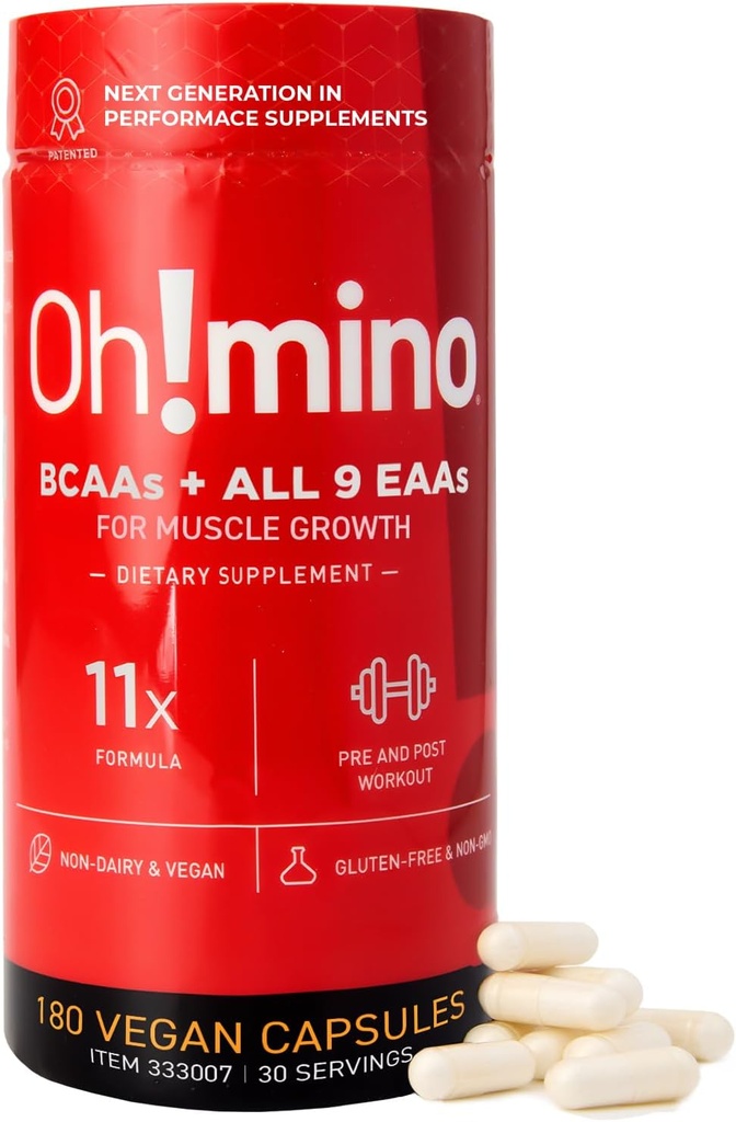 Oh!mino Essential Aminoácidos Suplemento. Cápsulas Cafeinadas. Todos os 9 EAAs, BCAAs e o Amino perfeito para treinos, Energia Amino, e para construir músculo, e recuperar mais rápido.