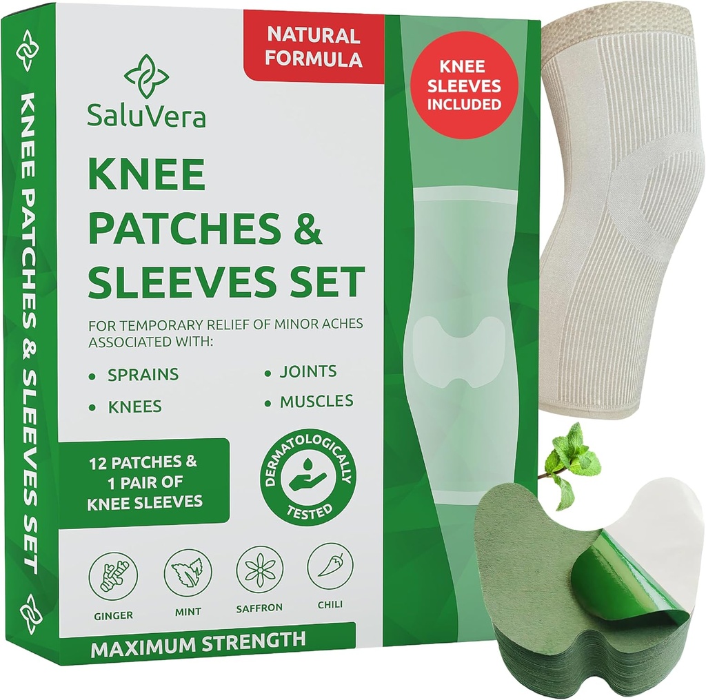 Warming Herbal Knee Patches with 2 Compression Sleeves - Self-Heating Relief Patch for Men & Women, Natural Ingreations for Soothing Dups (12 Patch + 2 Compression Sleeves)
