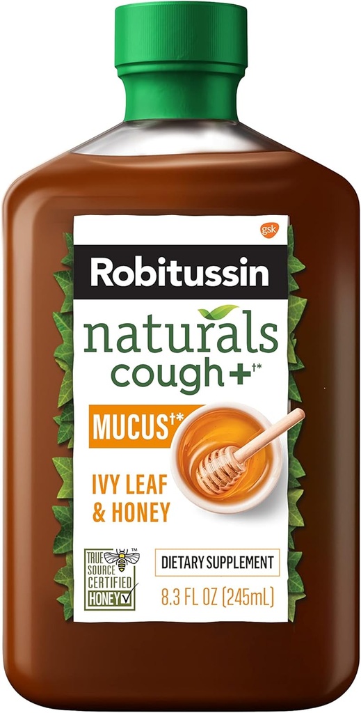 Robitusin Naturals honey and Ivy Leaf Dietary supplement Relieves Occasional Cough Associated with Hoarseness, Dry Throat, and Irritants, 8.3 oz