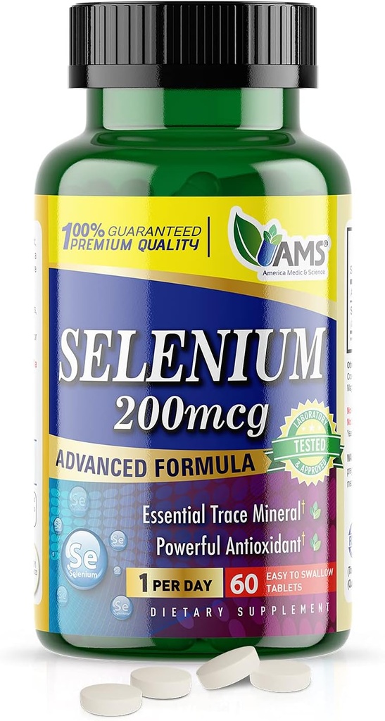 America Medic & Science Selenium 200 mcg (1 pakkaus 60 tablettia) Puhdas ravintolisä miehille ja naisille, Essential Trace Mineral and Powerful Antioxidantti Paras immuunitukea ja Kilpirauhasen terveys