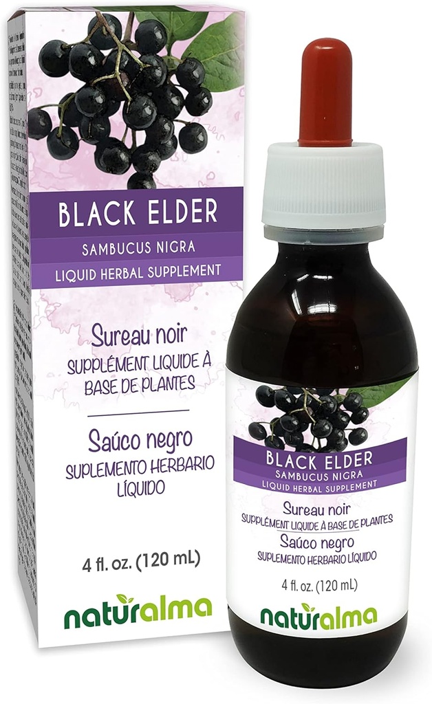 Naturalma Black Elder (Sambucus nigra) 꽃 (Elderflower)과 과일 (Elderberry) 알코올 프리 탄약 - 4 fl oz 액체 추출물 - 허브 보충 - Vegan