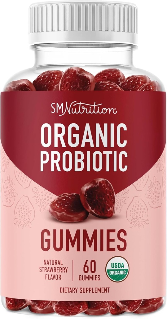 Probióticos orgânicos Gummies 5 bilhões de CFU Probióticos para Digestive Health & Imune Support . Hardy Bacillus Subtilis . Strawberry Gummies . prateleira estável, Gluten-Free, Vegan .