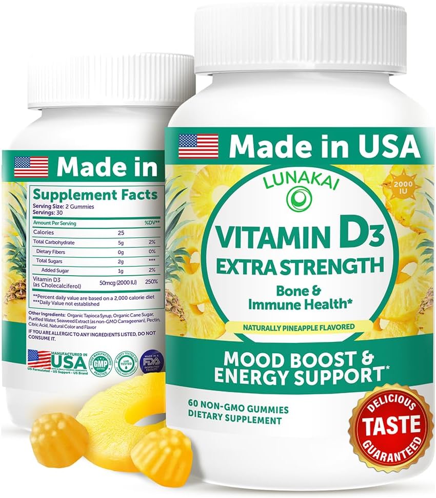 Lunakai USA Made Vitamin D3 Gummies 2000 IU - Non-GMO, Gluten-Free Vitamin D Gummies for Women & Men - Bone, 면역 및 에너지 지원, 60ct