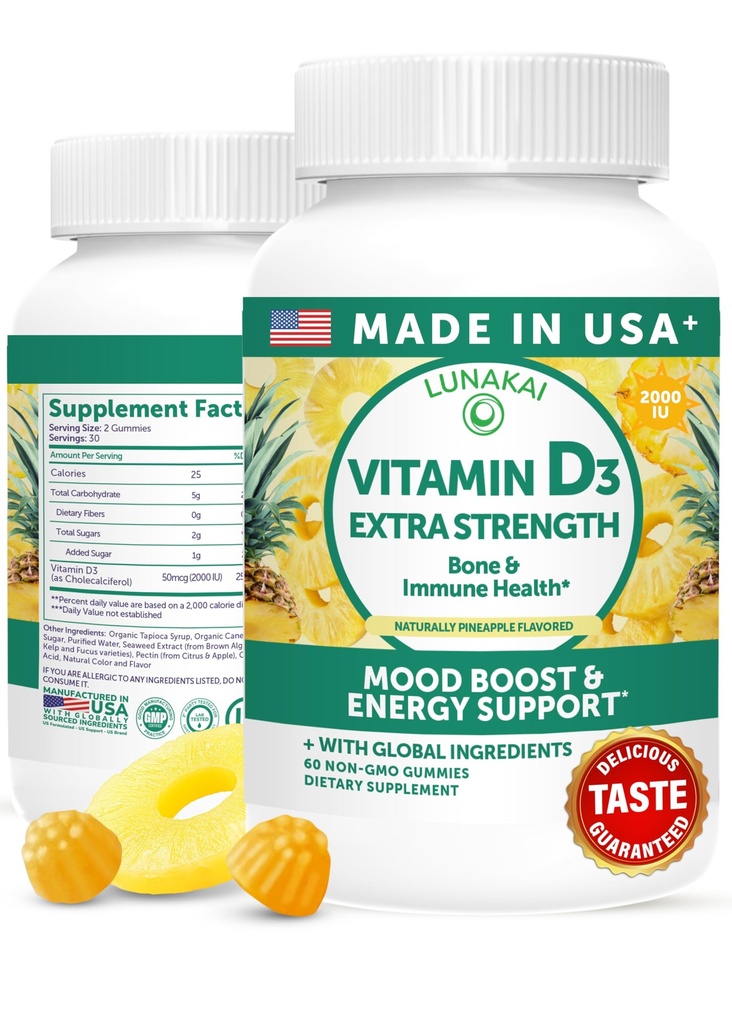 Lunakai USA Made Vitamin D3 Gummies 2000 IU - Non-GMO, Gluten-Free Vitamin D Gummies for Women & Men - Bone, Immune & Energy Support, 60ct