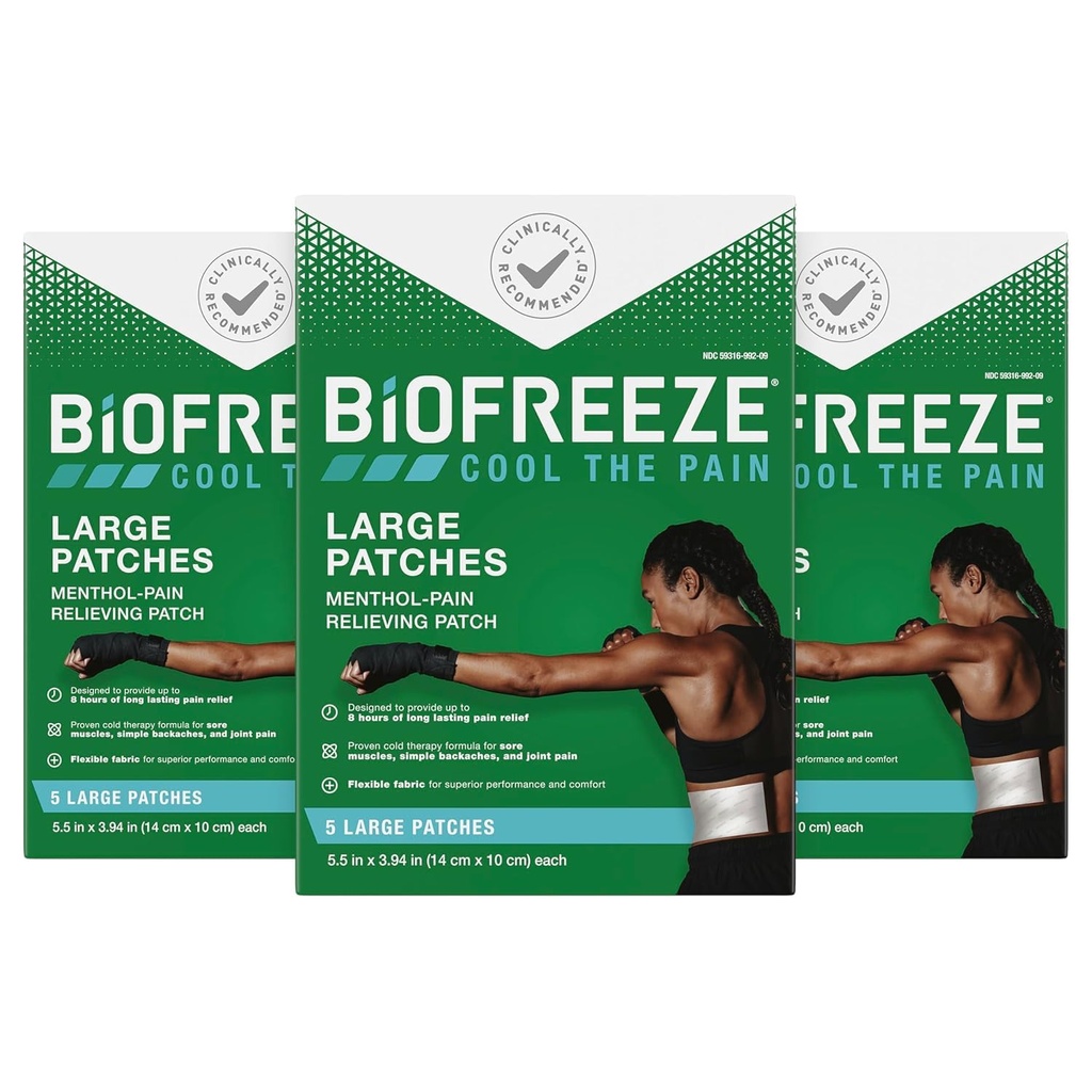 Biofreeze Patches Menthol Pain Relieving Patches (5 Per Box, Pack Of 3) Up To 8 Hours Of Pain Relief From Sore Muscles, Arthritis, Backaches, Spains, Bruises, Strains And Joint Pain (Package May Vary)