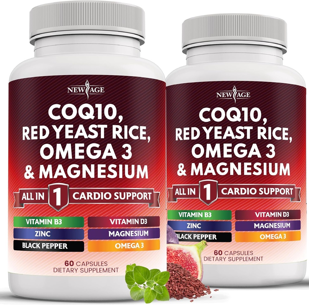 NEW AGE COQ10 200mg Riz de levure rouge 3000mg Omega 3-6-9 3000mg Complexe de magnésium 500mg Zinc Vitamine K2 D3 - Vitamines pour les femmes et les hommes avec vitamine B3, Coenzyme Q10-120 Compte