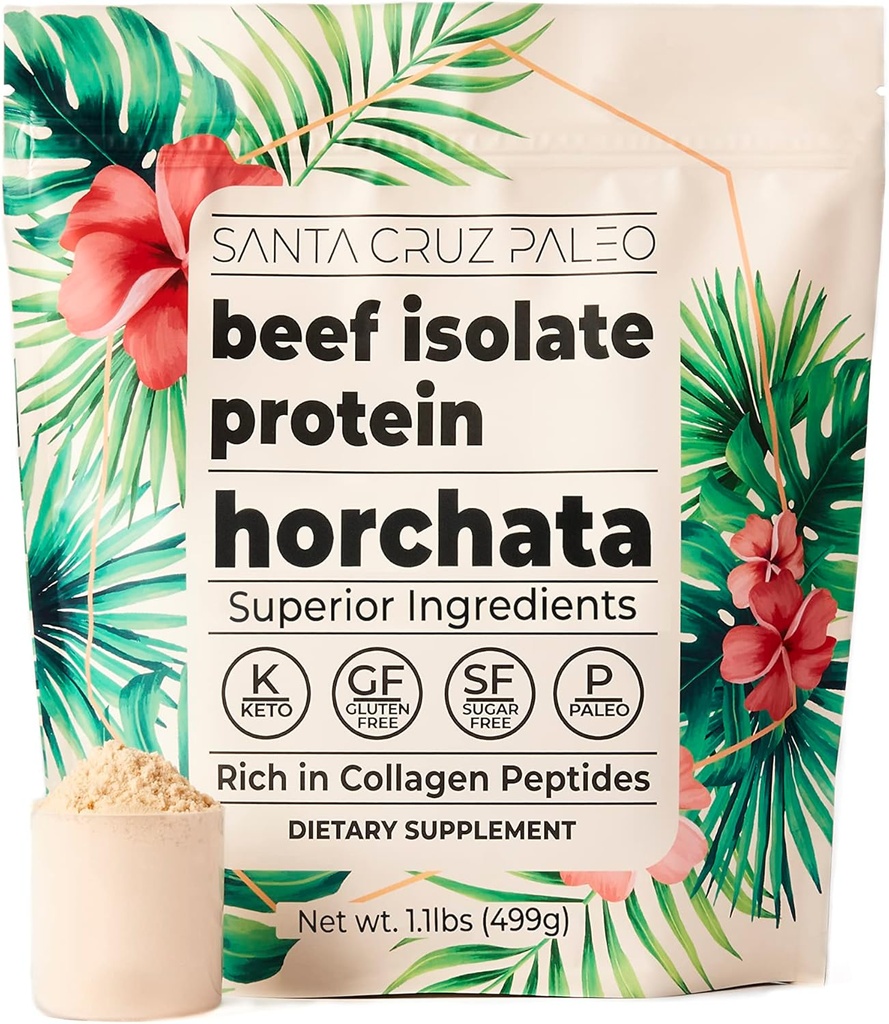 Santa Cruz Paleo Beef Isolate Protein Powder, Horchata, Bogaty w Collagen Peptides, Gluten Free, Keto, Cukier wolny, Paleo, 20 g Białko z trawy na porcję, Niskie Calorie czystego białka w proszku, 1.11 Lbs