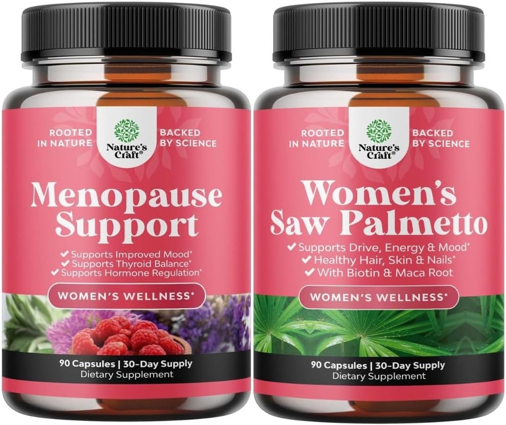 Bundle of Menopause Supplement for Hot Flashes with Dong Quai Vitex Chaste Berry & Black Cohosh & Extra Strength Saw Palmetto for Women 500mg - DHT Blocker Hair Loss Supplement with Maca Root & Biotin