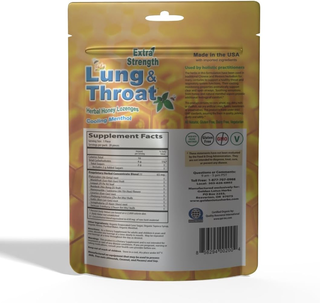 Lung & Throat Herbal Lozenges – QAI 인증 유기농 | 소싱 꿀 민트 기침 – 6-Pack