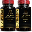 L-LYSIN 500 - Amino Acid vitamin Supplement, overgangsalderen energitilskudd for kvinner, gratis form aminosyrer supplement, fremmer integriteten i huden og leppene - 2 flasker 200 tall