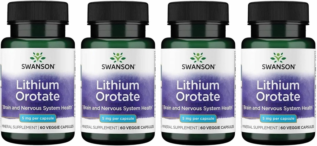 Swanson Lithium Orotate Antioxidant Mood Emotional Wellness Behavior Memory Support Supplement 5 mg 60 Veggie Kapseln (Elemental Lithium) 4 Pack