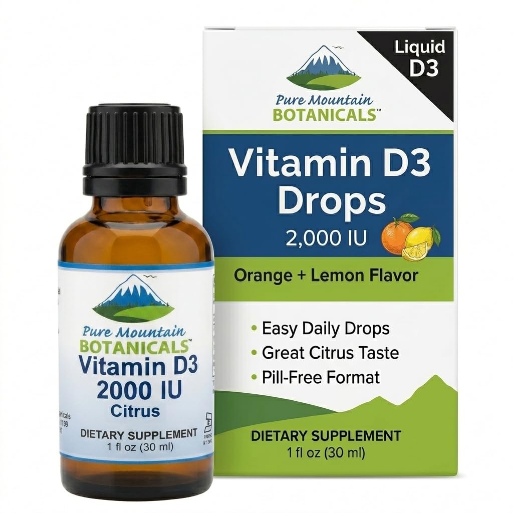 Liquid Vitamin D Drops - 2000 IU Vitamin D3 Supplement - Natural Orange Lemon Flavor in MCT Oil - Pure D3 for Adults and Kids - 1 oz