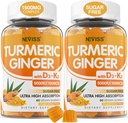 Pulsuz Turmeric Ginger Gummies 5000 IU Vitamin D3 & K2 (MK7), C - Black Pepper, Supports Bone, Immune & Digestive Health - 120 Cts