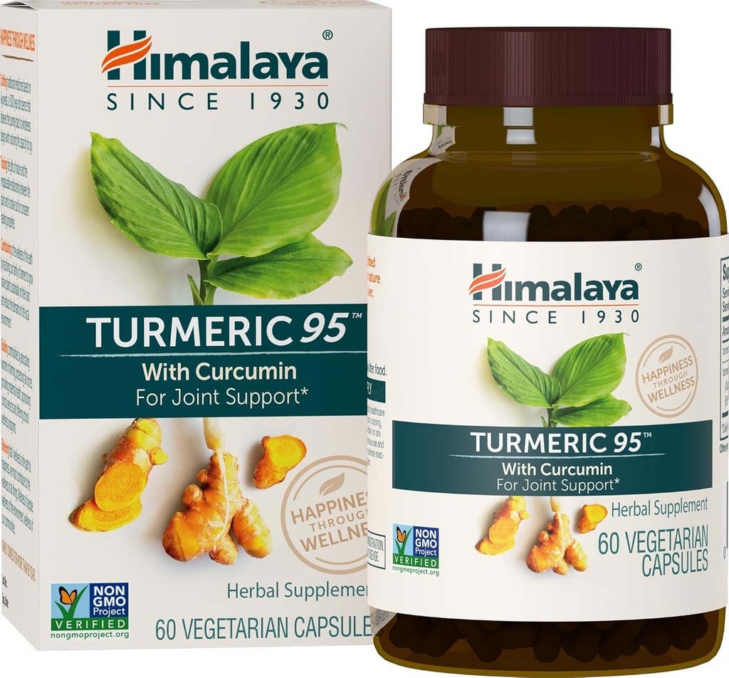 Himalaya Turmeric 95 Integratore con Curcumina/Curcuminoidi, Supporto congiunto e muscolare, Flessibilità ottimale e mobilità, 600 mg, Non OGM, Vegan, Gluten Free, 60 capsule, 60 giorni di alimentazione