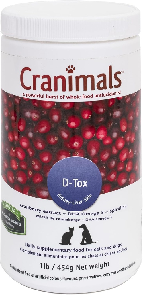 Cranimals D-Tox Щоденний багатовітамін для собак, Superfood Amino Acids, Антиокислювачі, DHA жирні кислоти, Вітаміни E, B, D, Biotin, Мінерали для підтримки метаболічної функції, Енергетика, Pet Wellness, Довговічність
