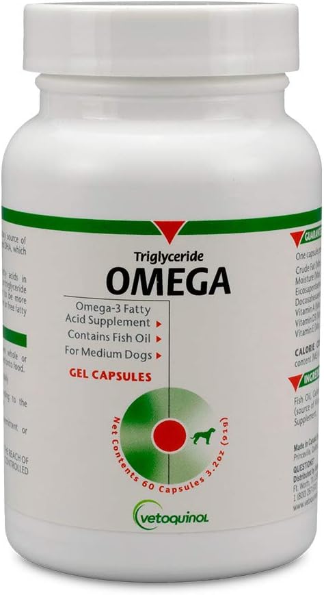Vetoquinol Triglyceride Omega Dog Supplement Capsules, Orta-Breed: 30-60 lbs, 60ct