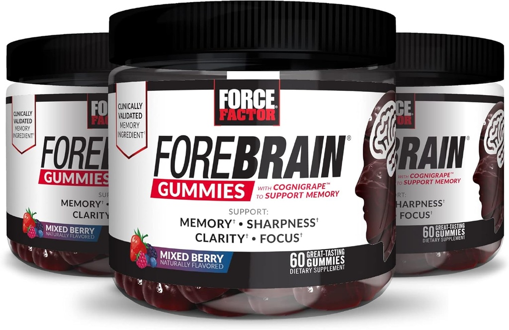 FORCE FACTOR Forebrain Gummies, 3-Pack, Nootropic Brain Support Supplement för Memory & Focus, Brain Vitamin med COGNIGRAPE & Huperzine A, Focus Gummies för att stödja återkallelse och skärpa, 180 Gummies