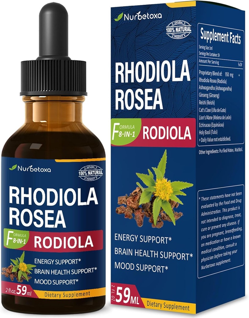 Rhodiola Rosea (Rodiola) Extract Drops, Natural Adaptogen Supplement/W Ashwagandha, Ginseng, Holy Basil, & Echinacea for Energy, Brain Health, Immunty & Mood Support. 2oz