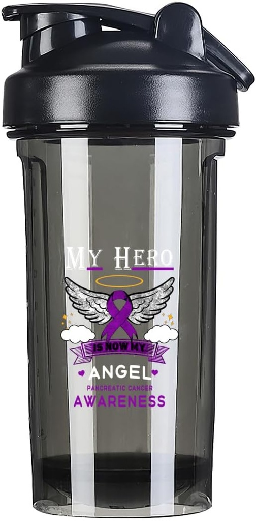 My Hero Is Now My Angel Pancreatic Cancer 18 Ounce Shaker Bottle Drink Mixer Leak-proof Pre Workout Protein Shakes Meal Replacement Shakes Bottles 500ML/18 Oz Black