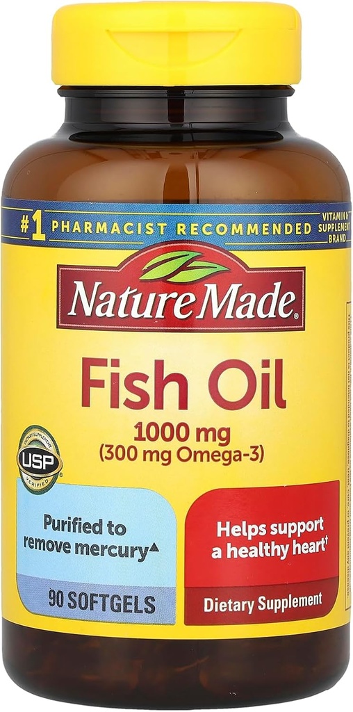 Nature Made Fish Oil 1000 mg, 90 Softgels, Fish Oil Omega 3 dodatek pro srdeční zdraví