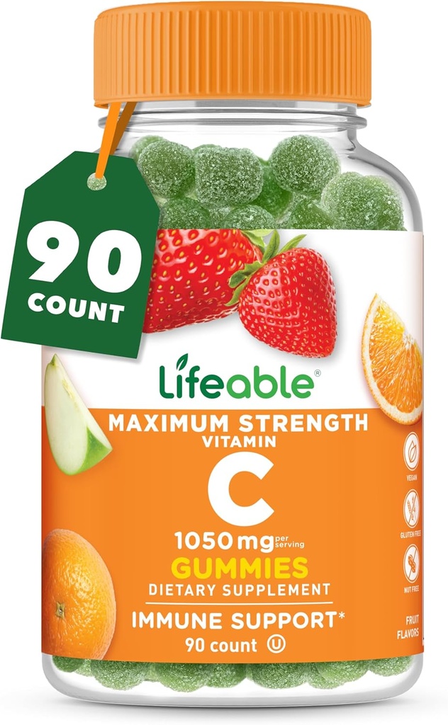 Vitamina C viva - Grande sabor sabor natural Gummy Supplement - Vitaminas mastigáveis sem OGM vegetarianas - para suporte imunológico - 90 chicletes (1050 mg)