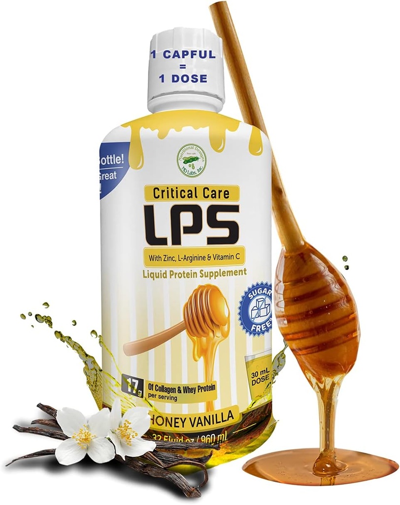 Nutritional Designs LPS Liquid Collagen & Whey Protein Supplement, Sugar-Free, Non-GMO Drink, främjar hälsosam hud och hår för män och kvinnor. (Critical Care) Honey Vanilla