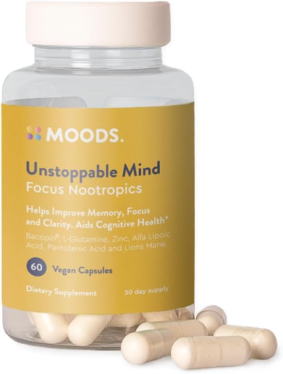 Moods | Mente inarrestabile | Focus Nootropics | Boost Energy and Mental Agility, Memoria, Concentrazione | Bacopin, L-Glutamina, Lion's Mane, Alpha Lipoic Acid, Pantothenic Acid | 60 Capsule Vegan