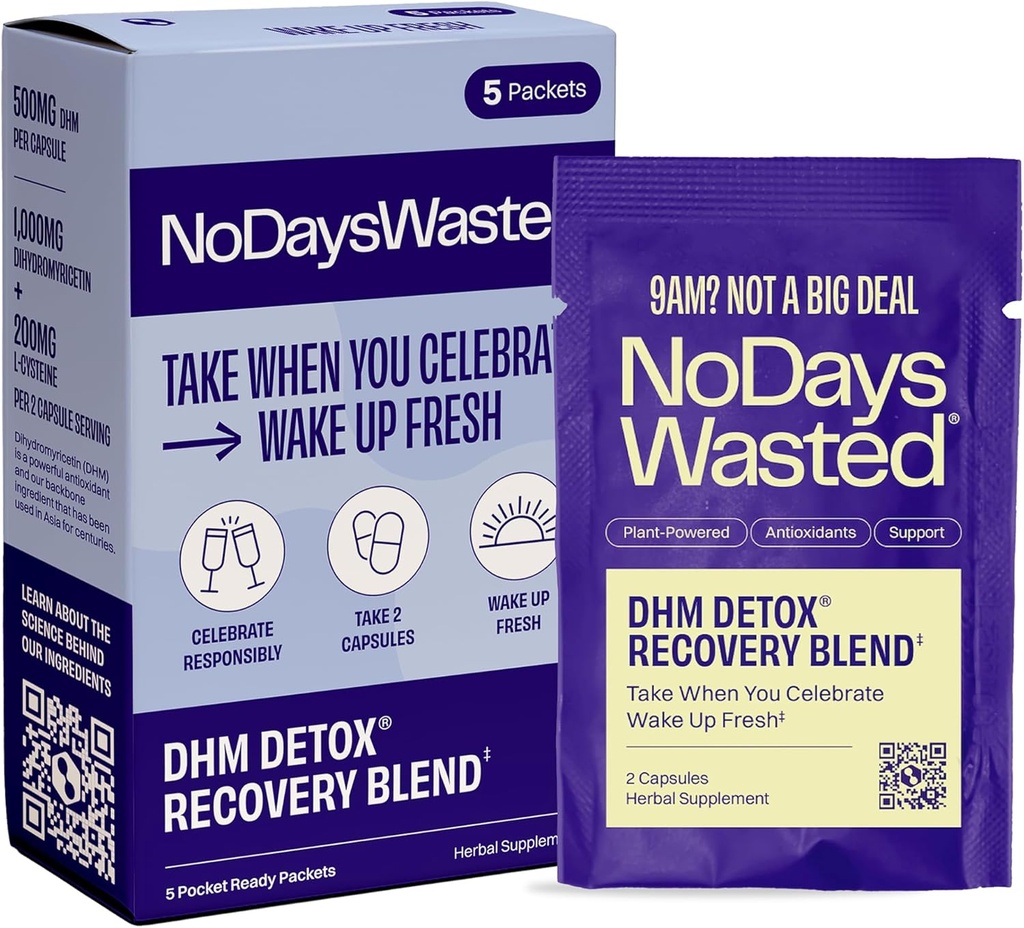 No Days Wasted DHM Detox 5 Portable Servings - Optimerad Blend av DHM (Dihydromyricetin Supplement) och vitaminer att ta under kvällen för bättre nästa dag och återhämtning
