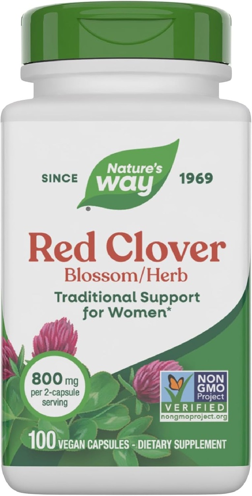 Nature's Way Red Clover Blossom Herb, Traditional Health Support for Women*, 800 mg на 2-Capsule Serbing, Non-GMO Project Verified, Red Clover Appliment, 100 Vegan капсули (Packing May Vary)