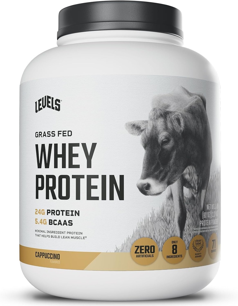 Níveis de proteína de whey alimentado de grama em pó, sem artificiais, 24G de proteína, Cappuccino, 5LB