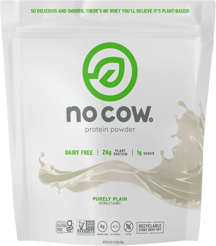 No Cow Vegan proteino milteliai, Per Paprasta, 26g Augalų pagrįstas baltymas, Perdirbamas maišas, Pieninis Nemokamas, Sojų Nemokamas, No Cukraus Pridėta, Keto Friendly, Gluten Free, Natūraliai Sweeted, Ne GMO, Košeris, 1.74 Svaras