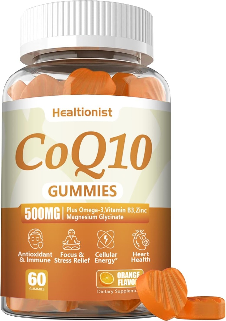 1 Pack 500MG Coq10 Gummies - 3X Better Absorpsi, Plus Omega-3, Magnesium, Vitamin B3 & Zinc - Koenzim Q10 Suplemen Kesehatan Jantung, Cellular Energi & Antioksidant, Vegan, 60 Counts