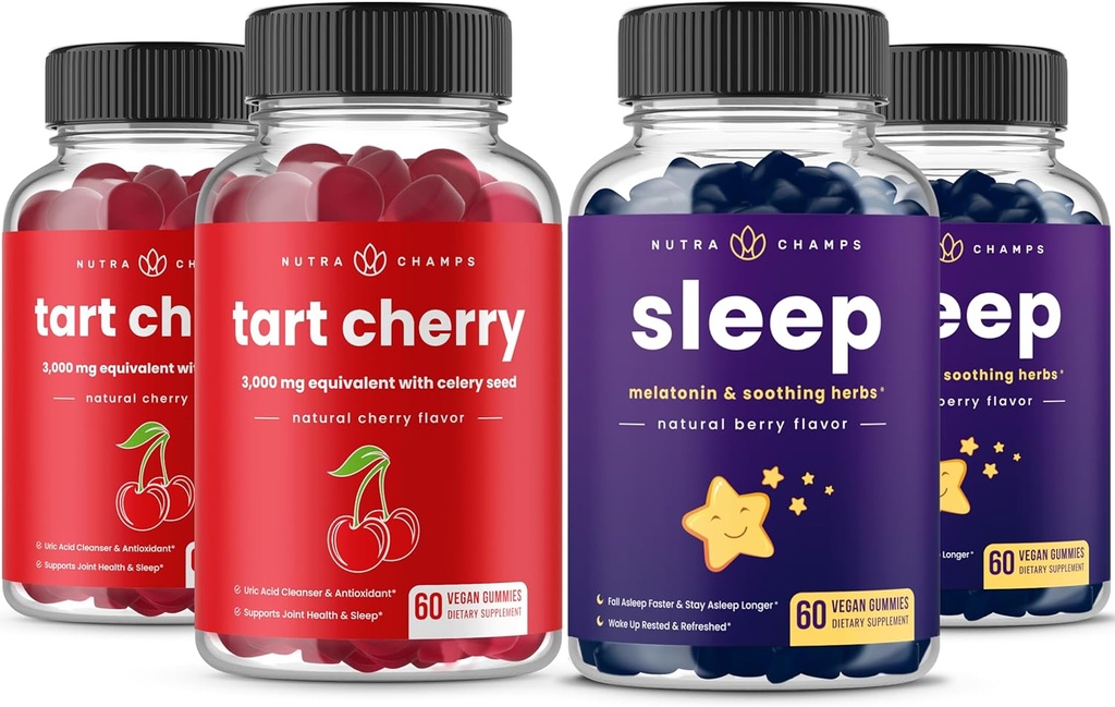 NutraChamps Tart Cherry (2 팩) & Sleep Gummies (2 팩) 수면 및 근육 지원을위한 Bundlle