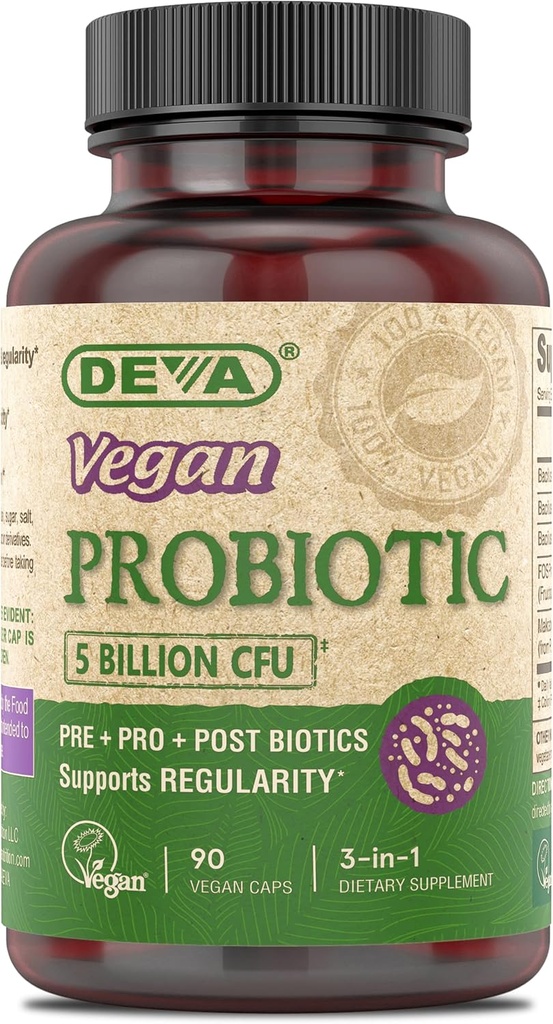 DEVA Vegan Probiotic Supplement - Pre, Pro, ja Postbiootit varten Ruoansulatusterveys, 5 miljardia PMY, Soil-Baseed, Spore-Forming, Dairy Free, FOS Prebiootit, naisille ja miehille, Vegan Kapselit, 90 Count