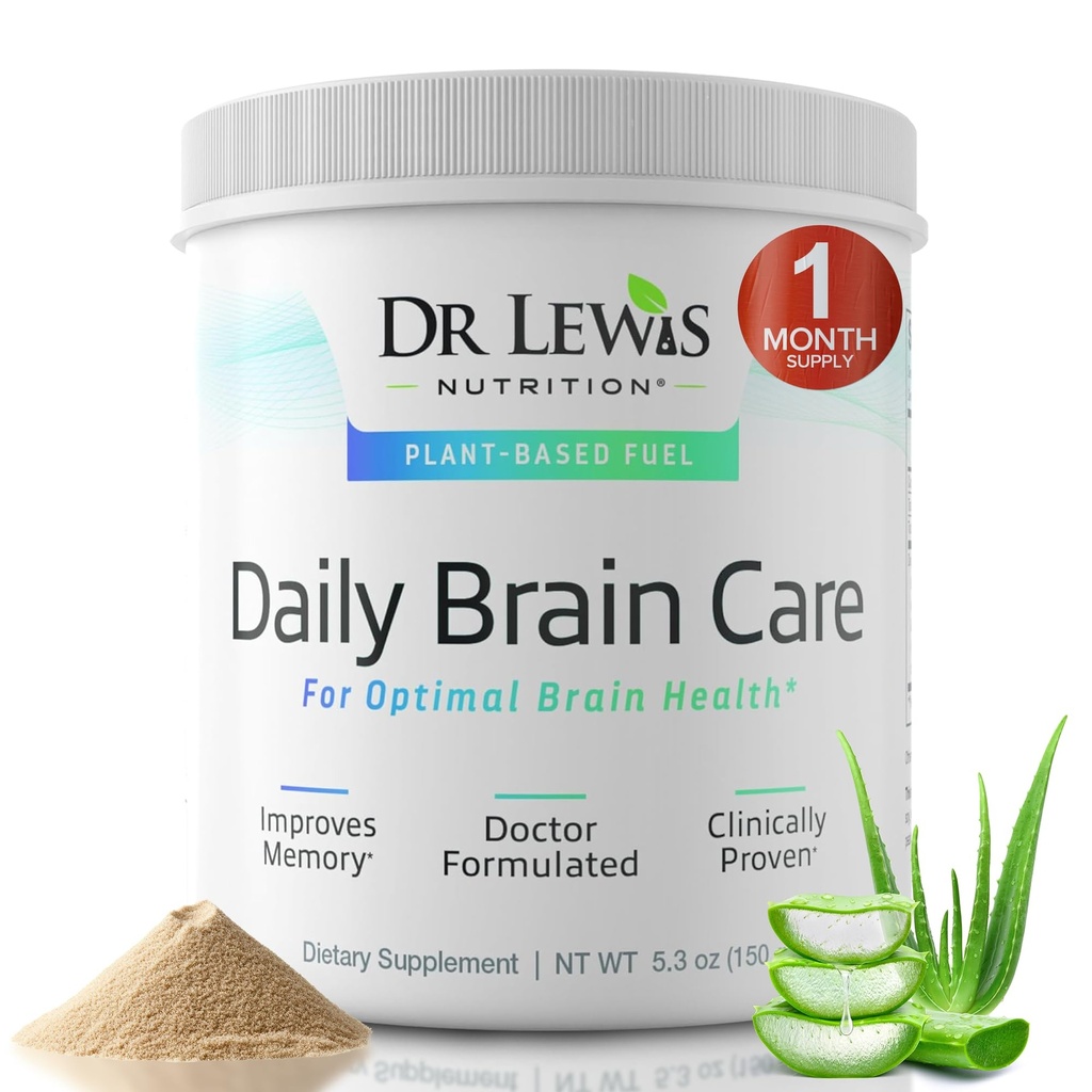 Brain Supplements for Memory and Focus – Dr Lewis Daily Brain Care Powder with Aloe Vera – Plant-Based Nootropic and Energy Supplement for Brain Fog, Mental Clarity, and Immune Support – Powder, 150g
