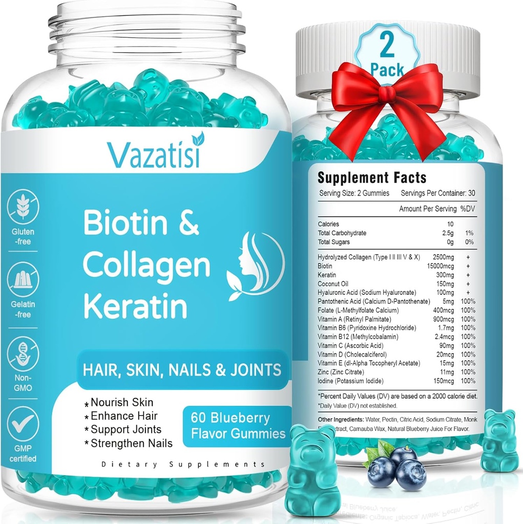 2 Pack Biotin Gumies s kolagenom in keratin za lase kože nohti- ženske moški, otroci - 120 borovnice arome