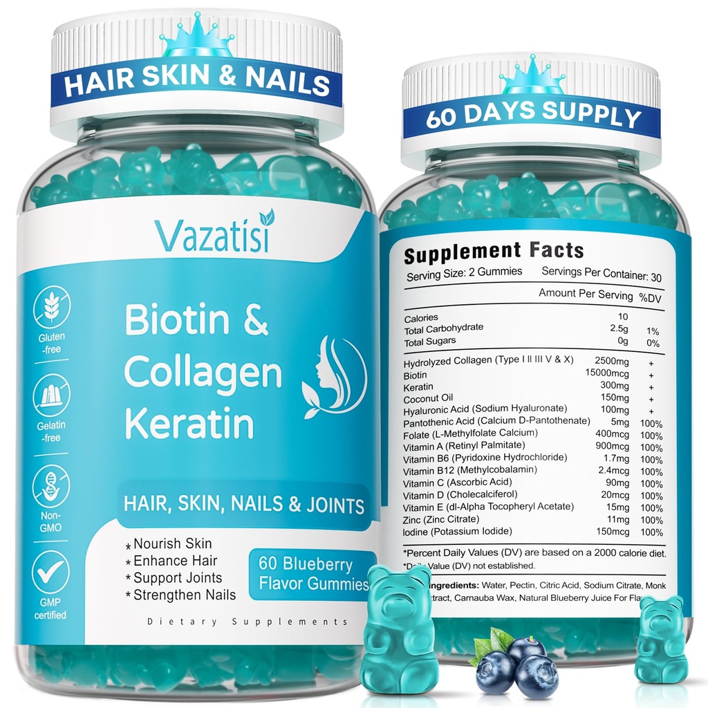 2 Pack Biotin Gummies with Collagen & Keratin for Hair Skin Nails- Women Men, Kids - 120 Blueberry Flavored Gummies