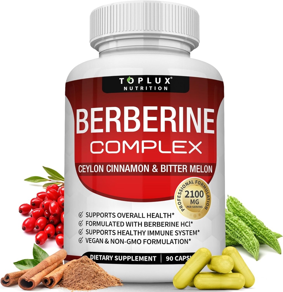 Toplux Berberine com Ceilão Canela e Melon amargo 2100mg - Alta Pureza 97% HCL Berberine Suplemento, Suporta Saúde geral e sistema imunológico, Não-GMO Vegan 90 Cápsulas
