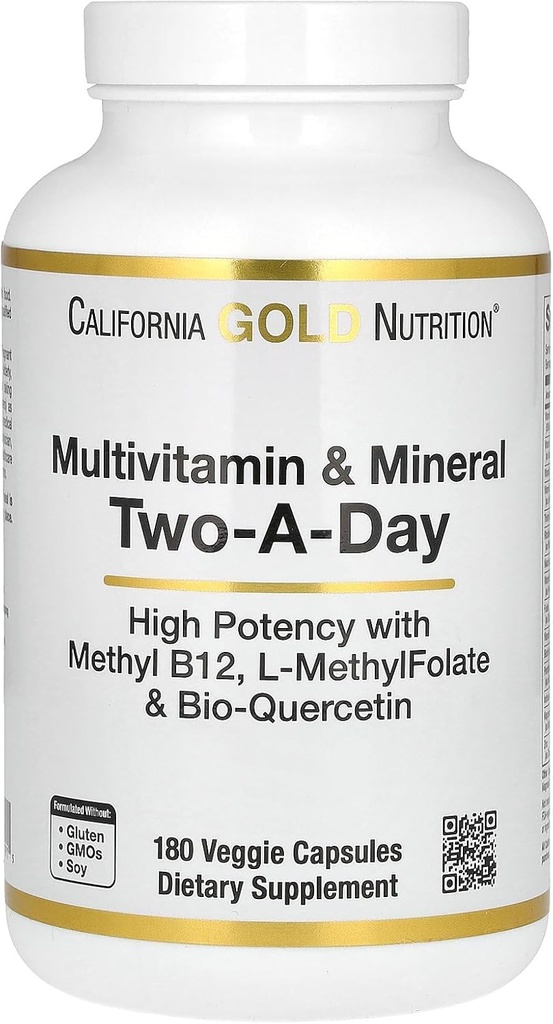 California Gold Nutrition Multivitamin ve Mineral ile MethylFolate ve Bio-Quercetin, Two-A-Day, 180 Veggie Capsules