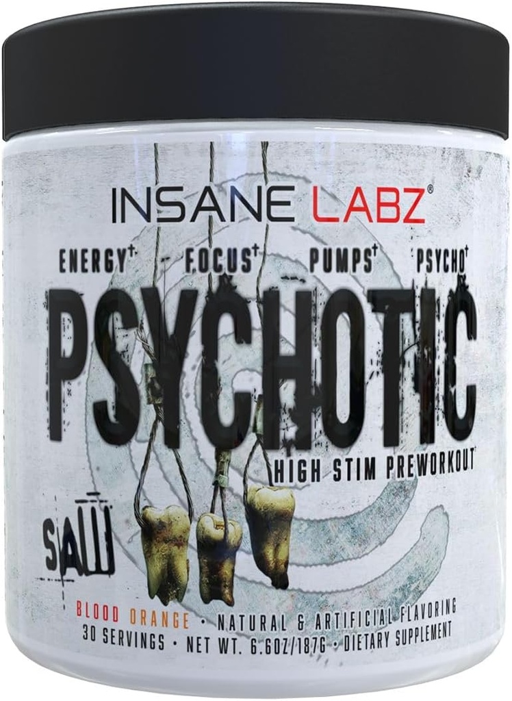 Insane Labz Psychotic Saw, High Stim Pre Workout Powder s OxyGoldTM a AMPiberry®,Extreme Trvalá energia s Teacrine®,Focus s CognitIQ® a Endurance s Beta Alanine,30 Srvgs,Blood Orange