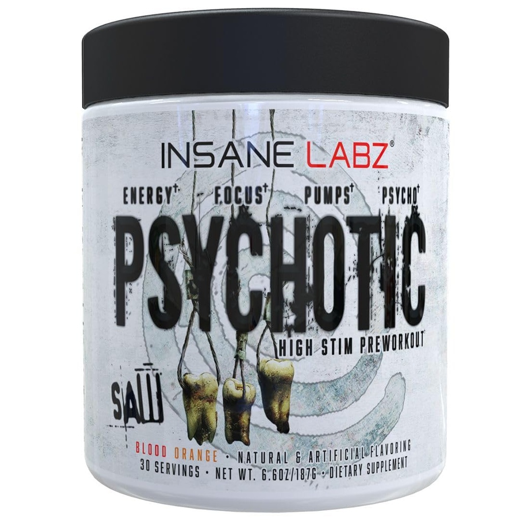 Insane Labz Psychotic Saw, High Stim Pre Workout Powder with OxyGold­™ and AMPiberry®,Extreme Lasting Energy with Teacrine®,Focus with CognitIQ® and Endurance (30 Servings, Blood Orange)
